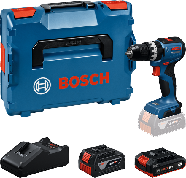 Bosch GSB 18V-52 sladdlös borrmaskin med väska och batterier.