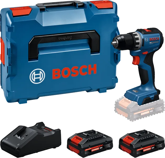 Bosch GSR18V-52 borrmaskin med väska, laddare och två batterier.