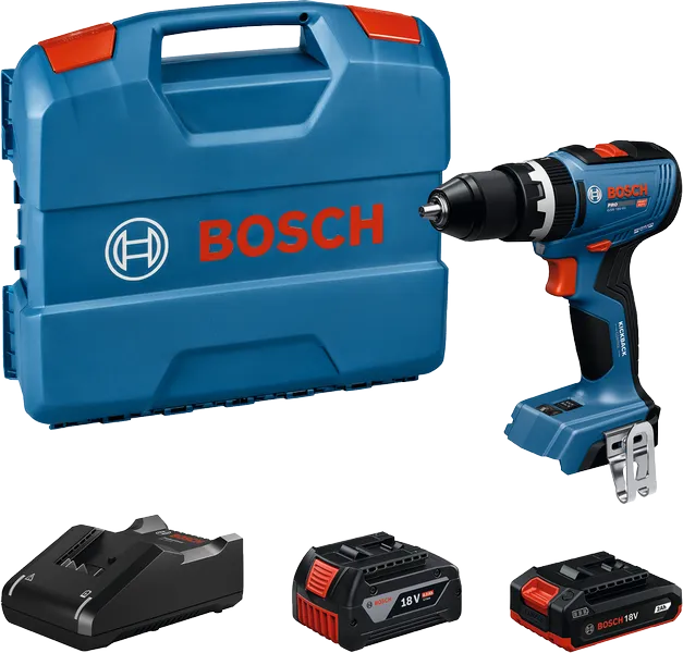 Bosch GSB 18V-65 sladdlös borrmaskin med väska och batterier.