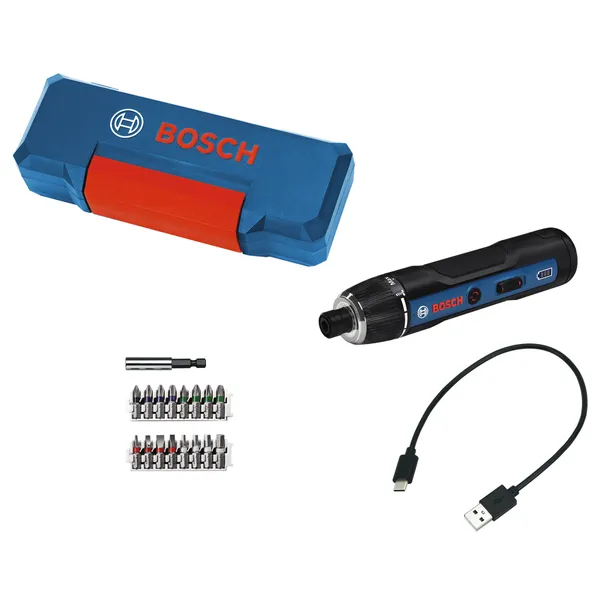 Bosch GO sladdlös skruvmejselsats med USB-kabel och bits.