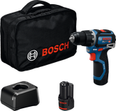 Bosch GSB 12V-32 sladdlös borrmaskin med batteri och laddare.