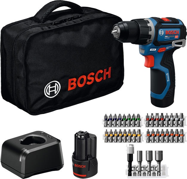 Bosch GSB 12V-32 sladdlös borrmaskin med tillbehör.