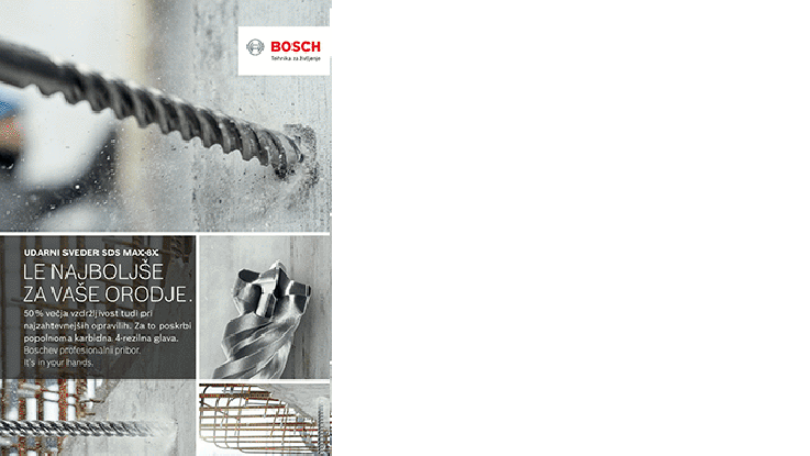 Sivi Bosch SDS Max udarni sveder, zadaj se v betonsko steno.
