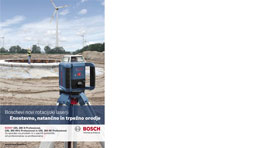 Zeleni Bosch Professional rotacijski laser na gradbišču z vetrnimi turbinami v ozadju.