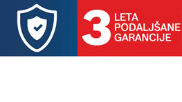 Logo z napisom "3 leta podaljšane garancije" na modrem in rdečem ozadju.