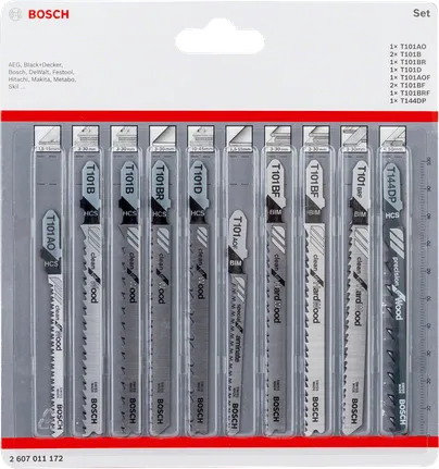 10-delni komplet listov za vbodno žago Bosch s T-steblom.