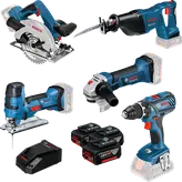 Bosch kombinirani komplet GSR 18V-28 z žagami, brusilnikom, vrtalnikom, baterijami in polnilnikom.