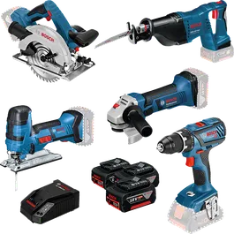 Bosch kombinirani komplet GSR 18V-28 z žagami, brusilnikom, vrtalnikom, baterijami in polnilnikom.