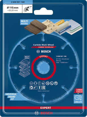 Bosch EXPERT Multi Material karbidna rezalna plošča 115 × 22,23 mm.