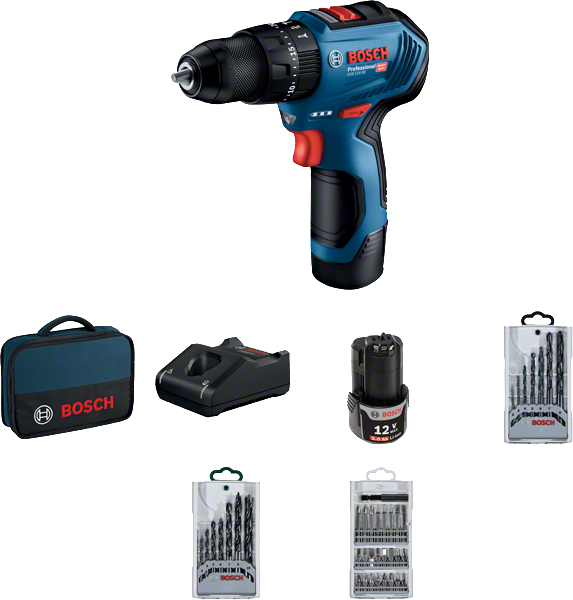 Komplet akumulatorskega vrtalnika Bosch GSB 12V-30 s priborom.