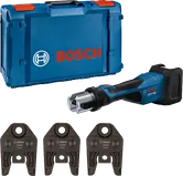 Komplet stiskalnega orodja Bosch 18V-32 s tremi stiskalnimi čeljustmi.