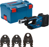 Bosch 18V-19 akumulatorsko orodje za stiskanje cevi s kovčkom in čeljustmi.