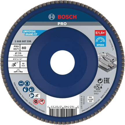 Lamelni brusni disk Bosch PRO X571 115 mm G80 za nerjaveče jeklo.