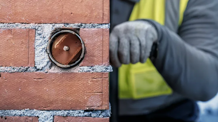 Oseba, ki nosi varnostno opremo, pripravlja električno vtičnico v opečni steni.