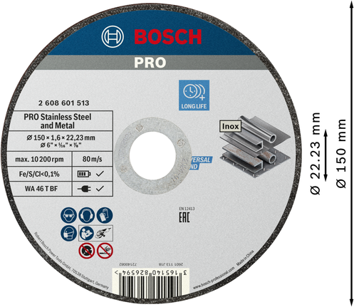 Bosch PRO rezalni disk za nerjaveče jeklo in kovino, 150 mm.