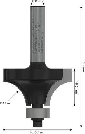 Zaokroževanje rezkalnega nastavka Bosch PRO z radijem nad 12 mm, steblo 8 mm.