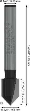 Bosch PRO rezkar za rezkanje V-utor 90°, premer 3/8 palca.