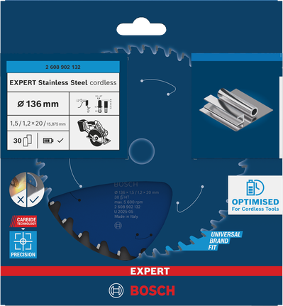 List za akumulatorsko krožno žago Bosch EXPERT iz nerjavečega jekla 136×1,5/1,2×20 mm T30.