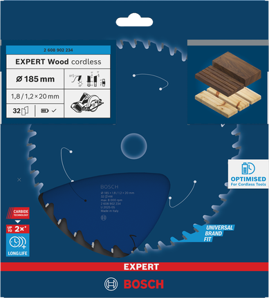 Bosch EXPERT Wood akumulatorski žagin list T32 185 × 1,8/1,2 × 20 mm.