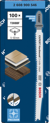 List za vbodno žago Bosch EXPERT Hardwood T308BF z 2-stranskim čiščenjem za natančno rezanje lesa.