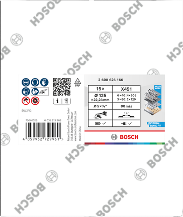 Komplet lamelnih brusnih plošč Bosch X451 125 × 22,23 mm, 15 kosov.