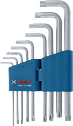 Komplet devetih zvezdastih ključev v obliki črke L v modrem držalu.
