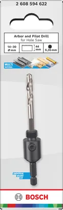 Bosch vpenjalnik in pilotni sveder za luknjasto žago 14–30 mm.