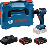 Vrtalnik Bosch GSR18V-52 s kovčkom, polnilnikom in dvema baterijama.