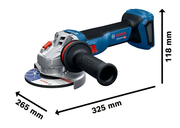 Akumulatorski kotni brusilnik Bosch GWS 18V-11 S z dimenzijami.