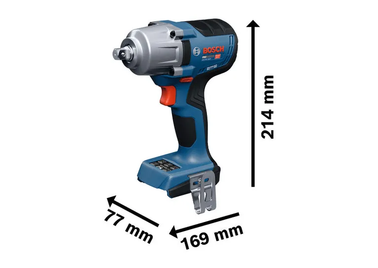 Prikazane so dimenzije akumulatorskega udarnega ključa Bosch GDS18V-450P.