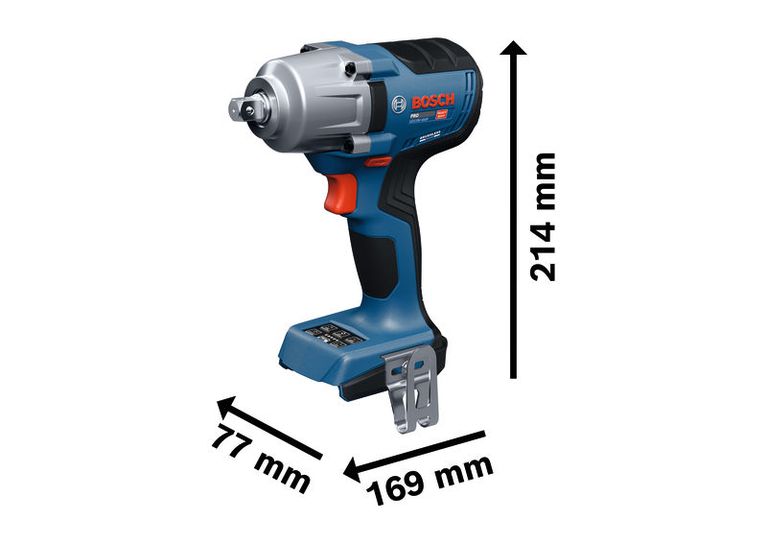 Prikazane so dimenzije akumulatorskega udarnega ključa Bosch GDS18V-450P.