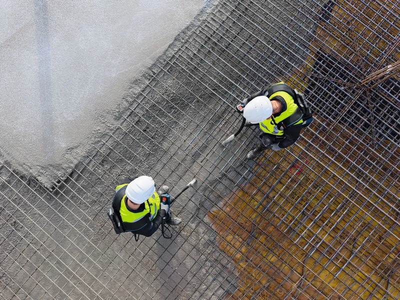 Dva delavca v varnostni opremi uporabljata vibrator za beton na armaturni mreži.