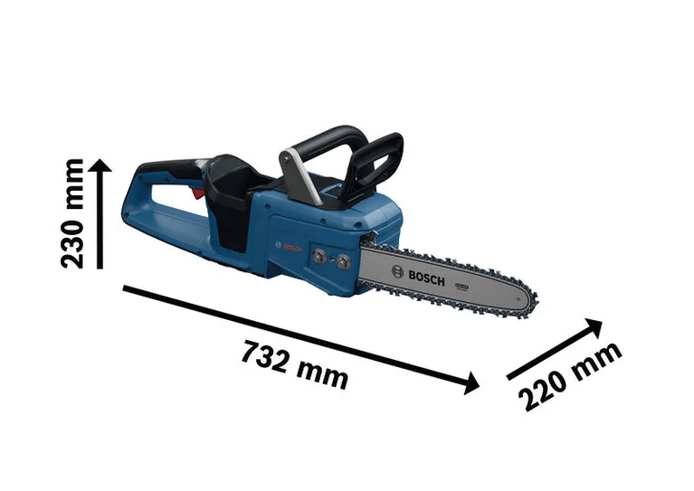 Akumulatorska motorna žaga Bosch GKE18V-30 z dimenzijami.