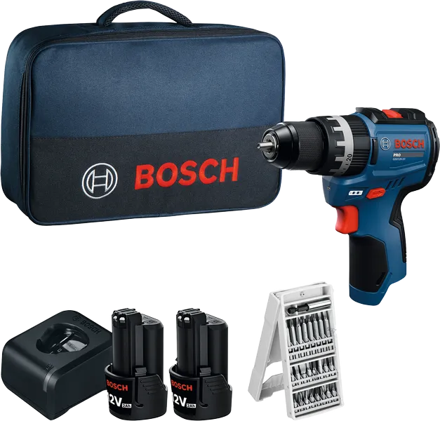 Komplet akumulatorskega vrtalnika Bosch GSB 12V-31 s kovčkom in priborom.