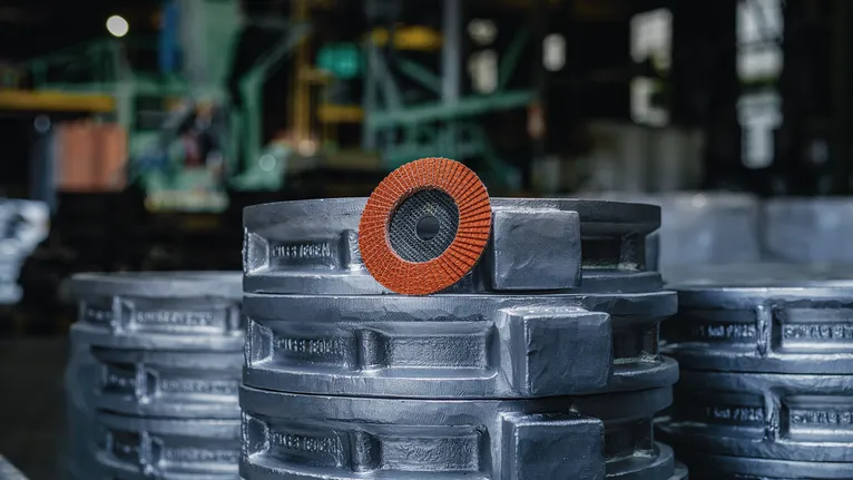 Rdeči abrazivni lamelni disk leži na zloženih kovinskih delih v industrijskem okolju.