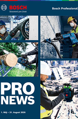 Obrázok z časopisu Bosch Professional ukazuje štyri rôzne nástroje a aplikácie v stavebnom prostredí. Vľavo je elektrická vŕtačka s modrým telom, uprostred sú pracovníci s ochrannými okuliarmi a helmami. Na pravej strane je laserový merací prístroj na statíve. Pozadie je zložené z betónových blokov a stavebných materiálov. Atmosféra evokuje pracovnú a profesionálnu náladu.