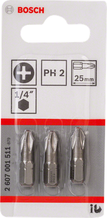 Sada troch skrutkovacích bitov Bosch PH2 s dĺžkou 25 mm.