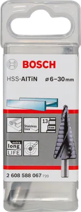 Stupňovitý vrták Bosch HSS-AlTiN 6 – 30 mm do nehrdzavejúcej ocele.