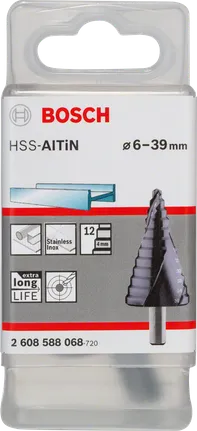 Stupňovitý vrták Bosch HSS-AlTiN 6 – 39 mm do nehrdzavejúcej ocele.