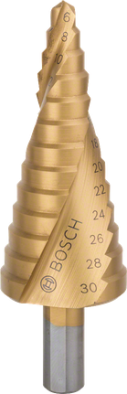 Stupňovitý vrták Bosch HSS-TiN pre otvory s priemerom 6 – 30 mm.
