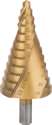 Stupňovitý vrták Bosch HSS-TiN pre otvory s priemerom 6 – 39 mm.
