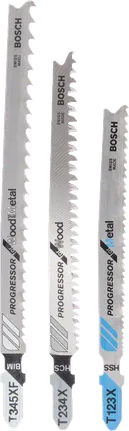 3-dielna sada pílových listov do priamočiarej píly Bosch Progressor s T-upínacou stopkou na drevo a kov.