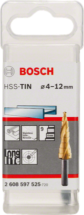 Stupňovitý vrták Bosch HSS-TiN 4 – 12 mm do kovu.