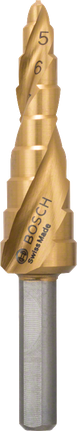 Stupňovitý vrták Bosch HSS-TiN pre otvory s priemerom 4 – 12 mm.