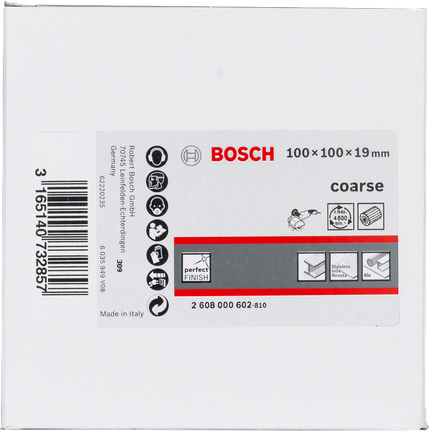 Hrubý lamelový brúsny kotúč Bosch s rúnom 100 × 100 × 19 mm.