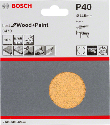 Brúsne listy Bosch C470, 10 kusov, 115 mm, P40.