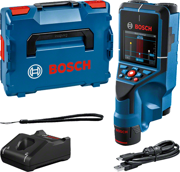 Nástenný skener Bosch D-Tect 200 C s displejom a príslušenstvom.