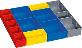 Sada 12 vkladacích boxov Bosch i-BOXX 53 na triedenie malých predmetov.