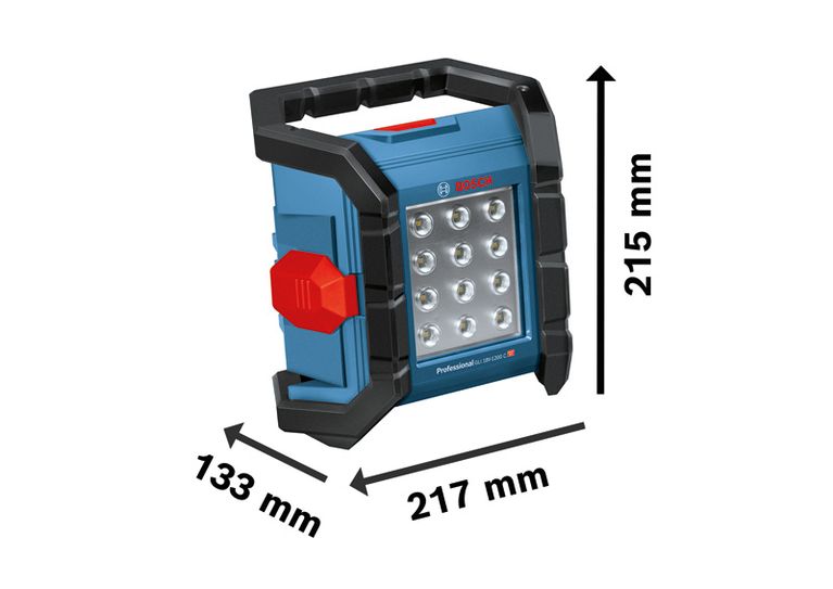 Pracovná lampa Bosch GLI 18V-1200 C s zobrazenými rozmermi.