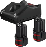 Nabíjačka batérií Bosch 12V s dvoma batériami s kapacitou 2,0 Ah.